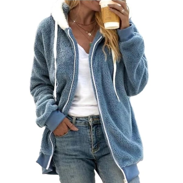 Fleecejakke til kvinder, Oversized hættejakke med lynlås til kvinder Blue 3XL