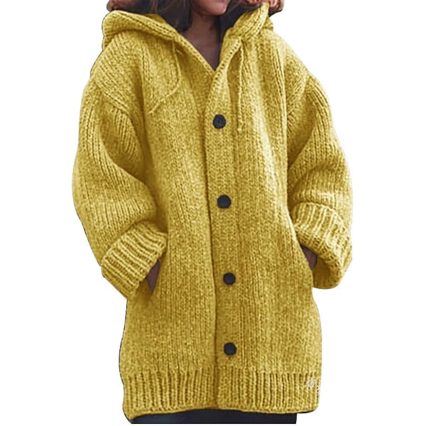 Hættetrøje til Kvinder Strikket Sweater Efterår Vinter Mellemlang Ensfarvet Knaplukket Sweater L Yellow