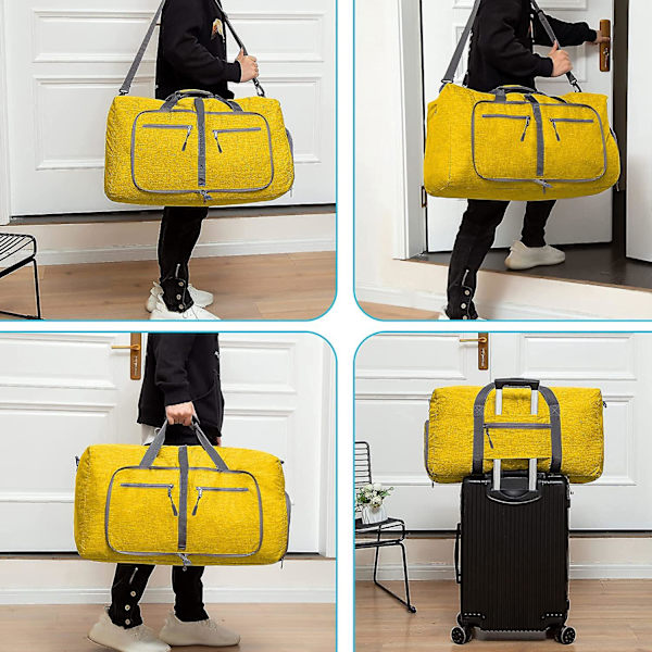 Reise-Dufflebag for menn, 65l sammenleggbar reise-duffelbag med sko-rom nattpose for menn kvinner vanntett og rivebestandig Yellow