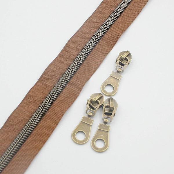 #5 Antikk Messing Metallisk Nylon Glidelås På Meteren Bulk 10 Meter (brun Tape Med 25 stk Messing Glidere For DIY Sy Skredder Håndverk Veske(brun)