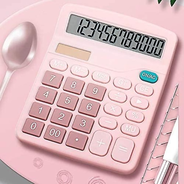 Desktop Solcelle Lommeregner - 12 Cifret Display - Regnskabsværktøj Til Kontor, Hjem, Skole - Pink