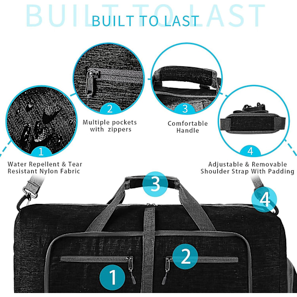 Reise-Dufflebag for menn, 65l sammenleggbar reise-duffelbag med sko-rom nattpose for menn kvinner vanntett og rivebestandig black