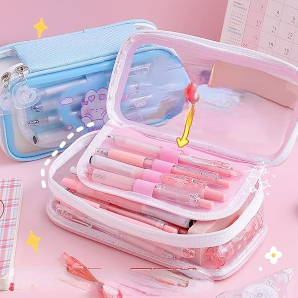 Penneetui med lynlås, brevpapir taske transparent organiseringsboks pink