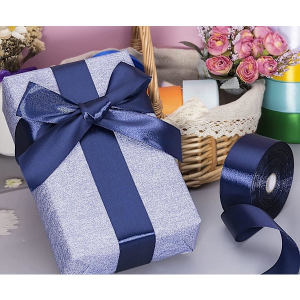 2 cm lyseblå ensfarvet satinbånd, 22 m håndværksstofbånd til gaveindpakning, blomsterbuketter, bryllupsfestdekoration Navy Solid