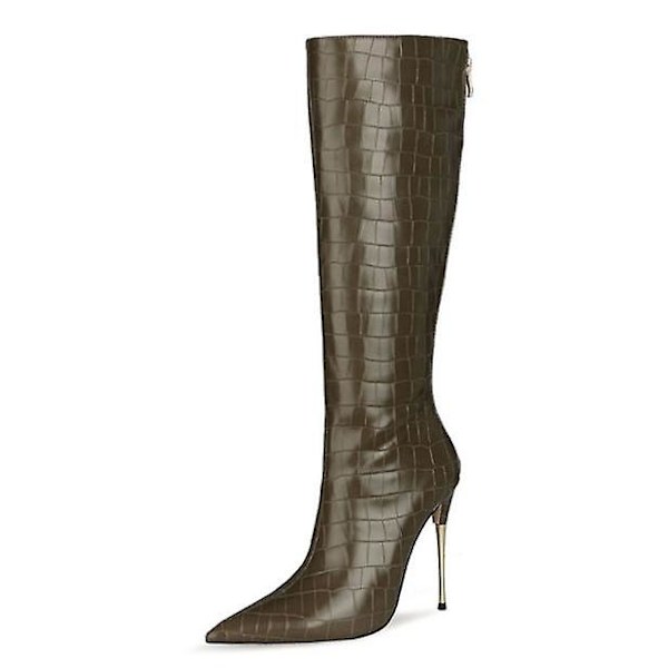 Dame Patent Læder Pu Høje Støvler Spids Tå Lynlås Bagpå Sexede Stiletstøvler Brown 39