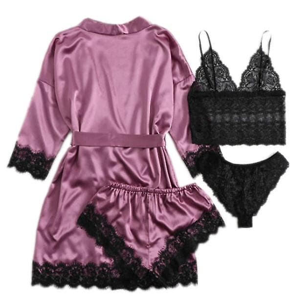 Dame 4-delt Pyjamas Satin Pyjamassæt med Morgenkåbe Purple M