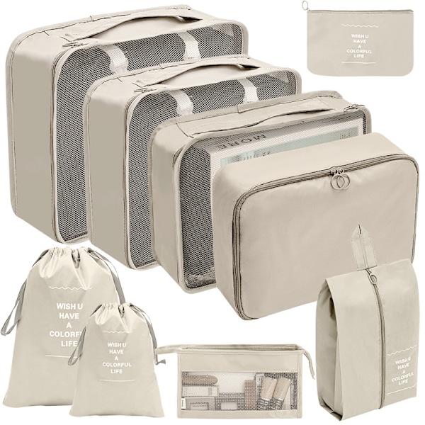 9 Set Packningskuber Resväskor Packningsorganisatörer För Reseaccessoarer beige
