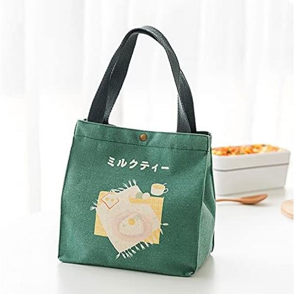 Kawaii-lounaslaukku tytöille, söpö eristetty lounasrasia, sarjakuvamaiset esteettiset jutut, bento-kylmälaukku, lounaslaukku kouluun, piknikille, toimistoon vihreä