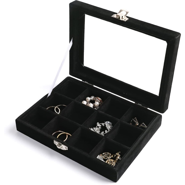 Organizer med genomskinligt lock, 12 rutnät Sammetslådansats Smyckeförvaringslåda med genomskinligt lock Smycken Case Butik Vitrine Jeweler