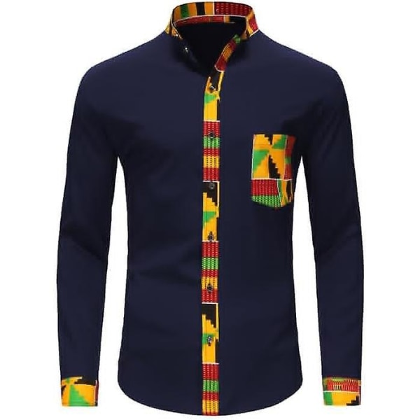 Herre Casual Skjorte med Knapper Langermet Hipster Strandskjorter Navy 2XL