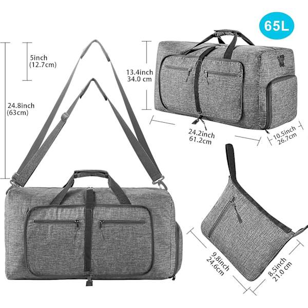 Reise-Dufflebag for menn, 65l sammenleggbar reise-duffelbag med sko-rom nattpose for menn kvinner vanntett og rivebestandig Gray
