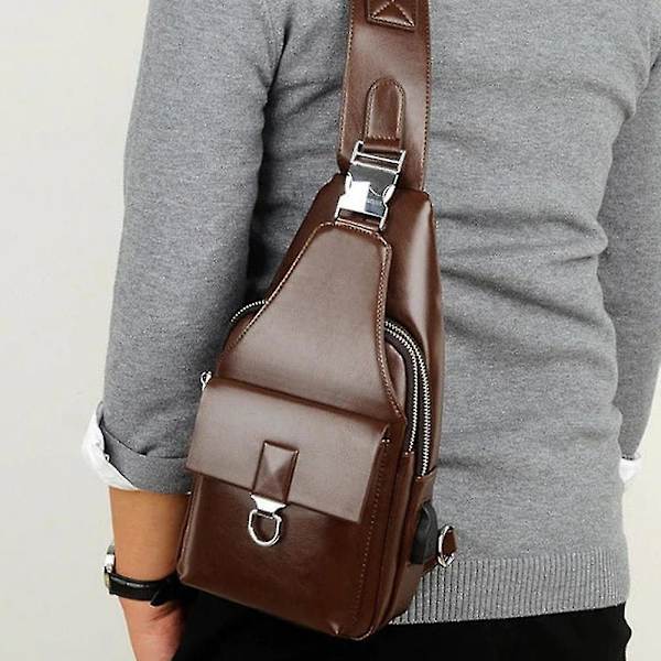 Herre USB Brysttaske Anti Tyveri Sports Sling Taske Med USB Opladning Vandtæt Only Chest Bag Brown With USB Port