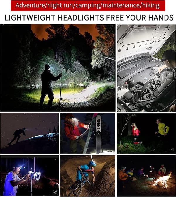 COB LED Hodelykt, Kraftig USB Oppladbar Hodelykt, Vanntett Hodelykt 2000 Lumen 2 stk