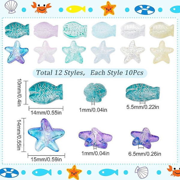 120 stk. Sjøstjerneperler Fiskperler Glassstjerneperle Havdyr Løse Avstandsperler Transparent Fargerik Perle