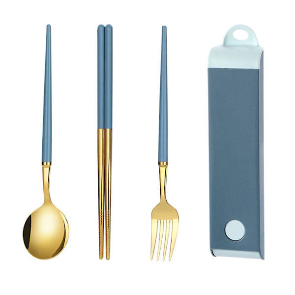 Gjenbrukbart reisesett med bestikk i rustfritt stål med etui, bærbar matboks for camping og kontor blue