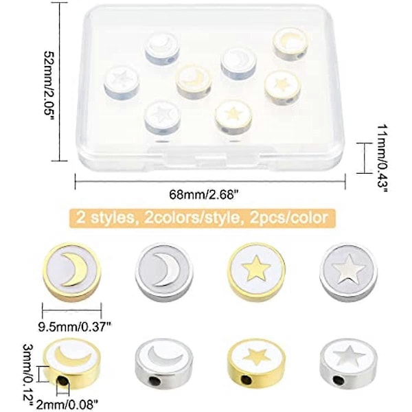 8 st 2 Stilar 9,5 mm Gyllene och Rostfritt Stål Färgade Platta Runda Emalj Pärlor Stjärna Emalj Pärlor Måne Emalj Pärlor Metall Distans Pärlor för Smyckestillverkning
