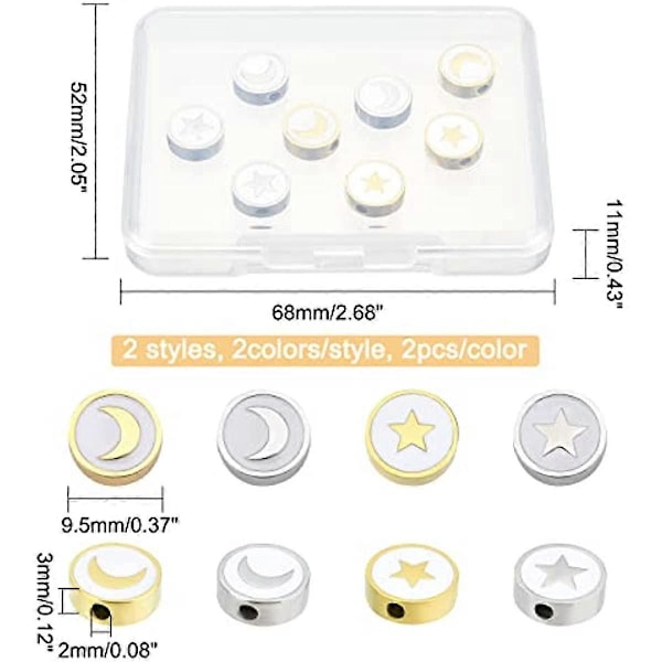 8 stk. 2 Stiler 9,5 mm Gullfarget og Rustfritt Stål Farge Flate Runde Emaljeperler Stjerne Emaljeperler Måne Emaljeperler Metall Spacer Perler for Smykkefremstilling