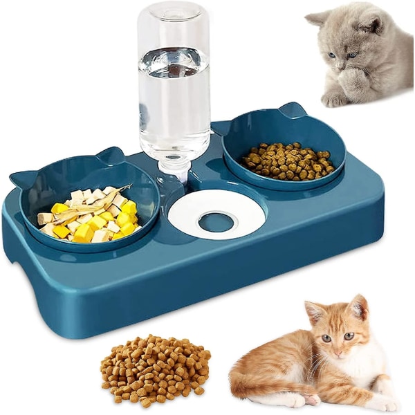 Dubbel förhöjd katt- och hundskål, 3-i-1 automatiska vatten- och husdjursmatare, lutande design dubbel matskål, för katter och valpar