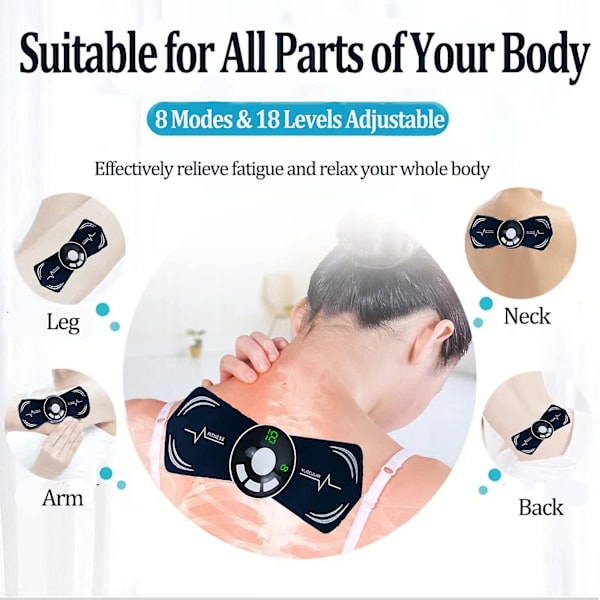 Nackmassage, bärbar nackmassage med fjärrkontroll, 8 lägen 18 nivåer justerbar, lymfdränage mininackmassage (mt-1pc)