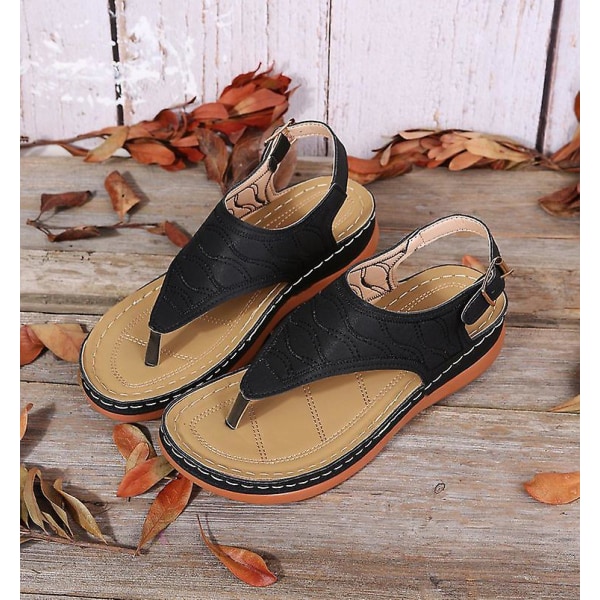 Naisten Yksiväriset Kirjailtu Flip Flop Sandaalit Rantakengät 086 Black EU 37