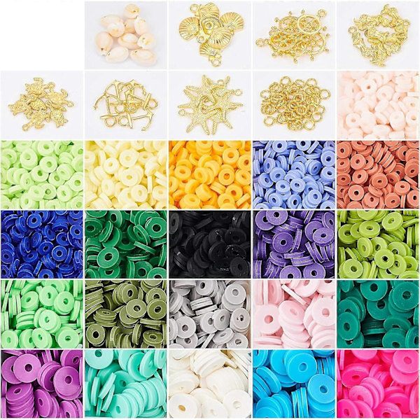 6900 stk. Håndlavede polymer lerperler Flade runde afstandsstykkeperler med legeringsvedhæng og kauri-skalperler til DIY smykkefremstilling