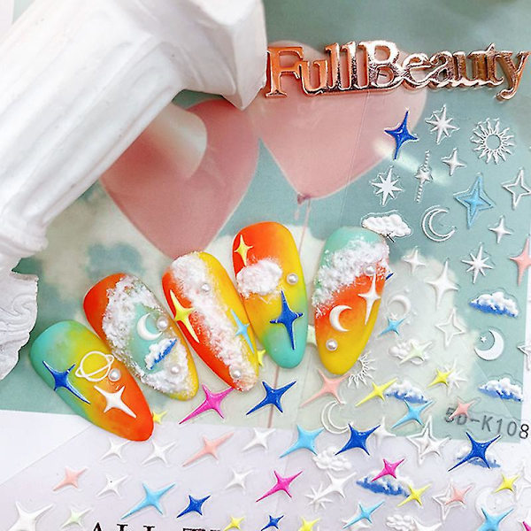 5d tredimensionella präglade nagelkonsttillbehör självhäftande hjärtformade stjärnnaglar konstdesign Diy, 4 ark, 10,5*6cm