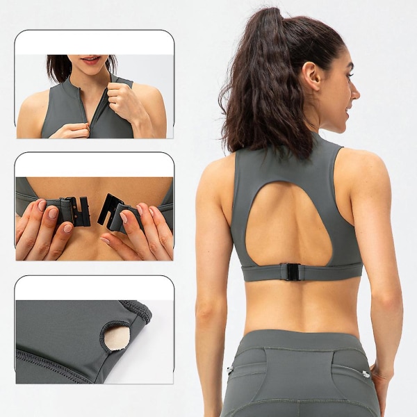 Sports-BH med lynlås foran til kvinder, racerback, trådløs, polstret yoga-BH GRAY XL
