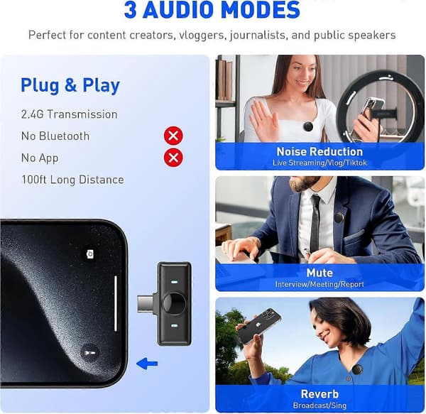 Trådlös Lavalier Mikrofon för 16 15 Pro Max Plus/Android, 2st Mini Mikrofon med Brusreducering