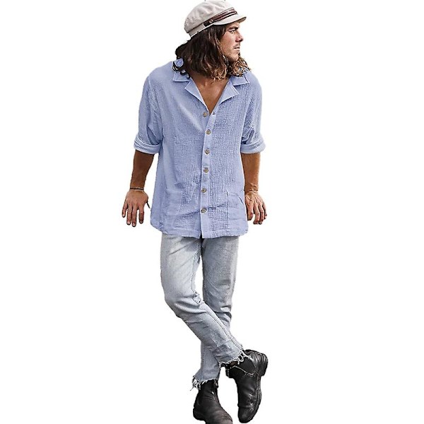 Herr Casual Skjortor Långärmad Krage Strand Skjorta Topp Blue M