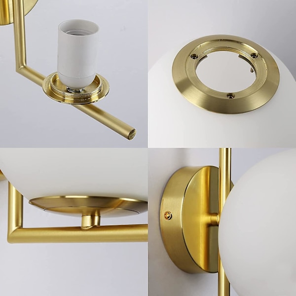 Moderne og elegant LED væglampe med opal hvid glaskugle og guldroset med E27 fatning til soveværelse, stue, entre