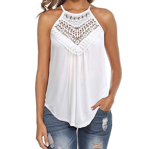 Linne för kvinnor, casual sommar, halterneck, spaghettiband, spets, ärmlös toppar WHITE XL