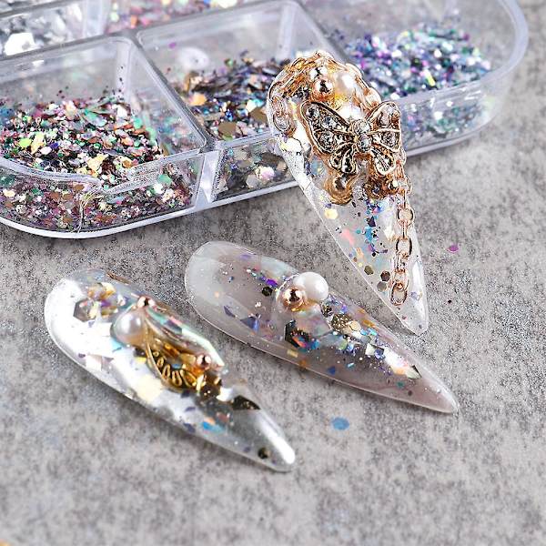6 lådor nagelglitter och nagelpulver, nagelkonst glitter blandad glänsande för nageldekoration DIY style3