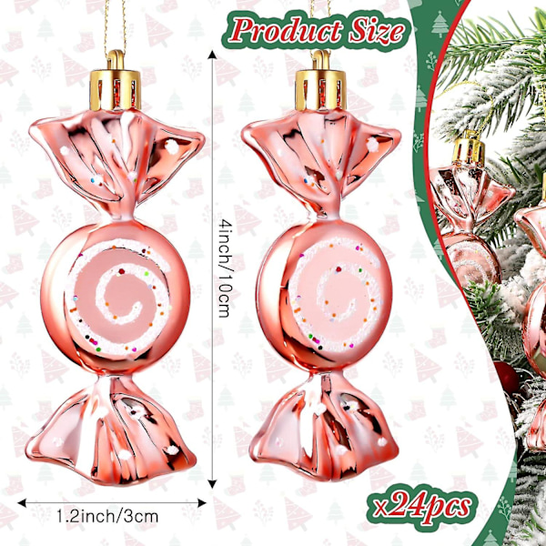 24 stk. Julepynt Slik Ornamenter Slikstok Juletræ Glitter Hængende Ornamenter Plast Pebermynte Slik Hvirvel Rosaguld, Hvid