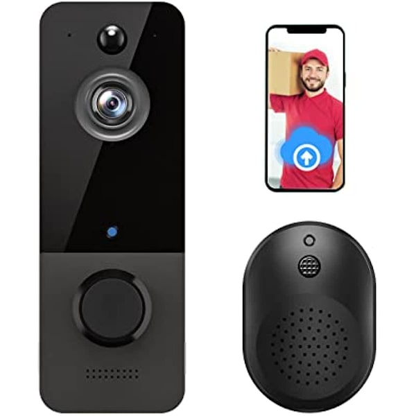 Trådlös wifi-videodörrklocka med inomhusklocka, IP65 vattentät smart dörrklocka med rörelsedetektor, 1080 HD-video, nattseende, molnlagring, 2-w