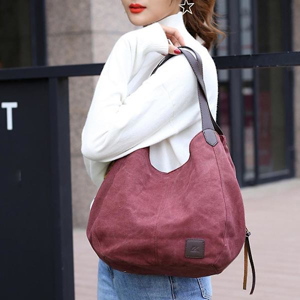 Dam Multi Pocket Axelväska, Canvas Handväska Handväska, Enstaka Axelväska, Artistisk Och Minimalistisk Grey*Purple Coffee