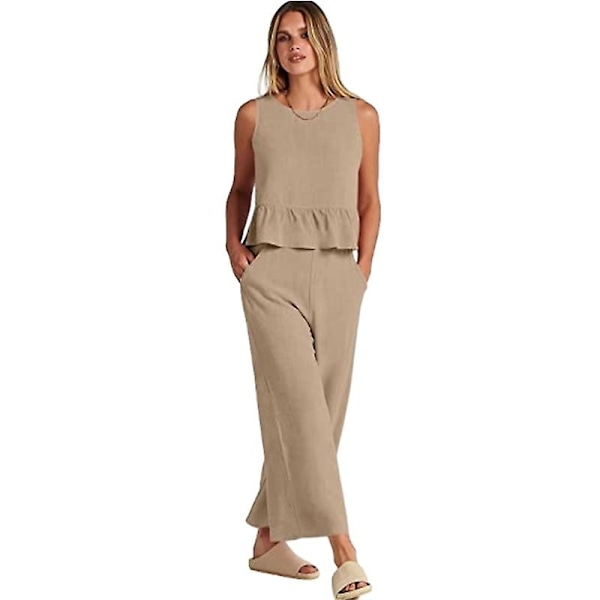 Sommersæt til kvinder, 2-delt, afslappet tanktop og bukser Khaki M