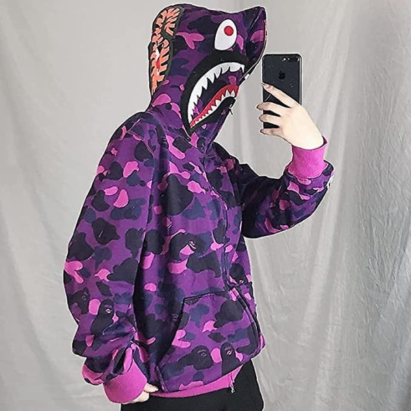 Shark Ape Bape Hoodie Camo Print Polyestertröja Casual Loose Zip Hoodie Jacka För Herr Dam purple M
