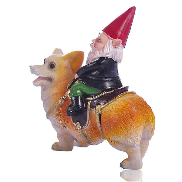 Funny Guy Mugs Hagegnom Statue, gnom som rir på en Corgi