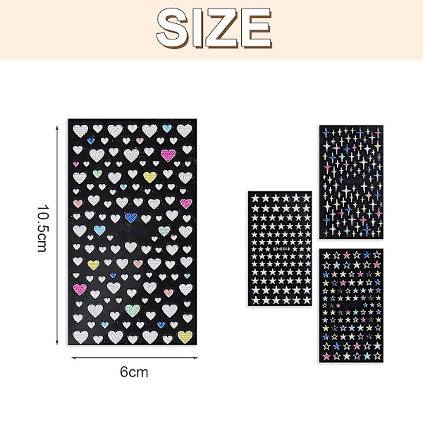 5d tredimensionella präglade nagelkonsttillbehör självhäftande hjärtformade stjärnnaglar konstdesign Diy, 4 ark, 10,5*6cm