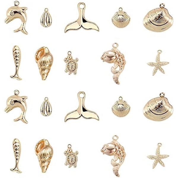1 Æske 20 stk. 10 Stilarter Ægte 18K Guldbelagte Ocean Tema Charms Havdyr Vedhæng Skal Søstjerne Delfin Fisk Skildpadde Dangles Bulk til DIY Ørering Ne