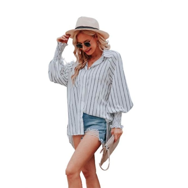 Dame V-hals Stribet Langærmet Knap Ned Bluser Top Black S