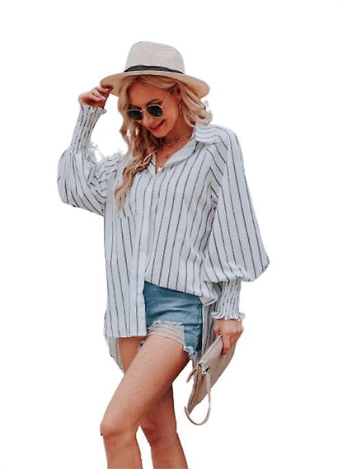 Dame V-hals Stripete Langermet Bluser med Knapper White L