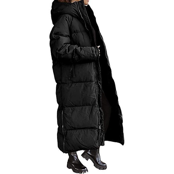 Lang quiltet frakke til kvinder, hætte, langærmet dunjakke Black XL