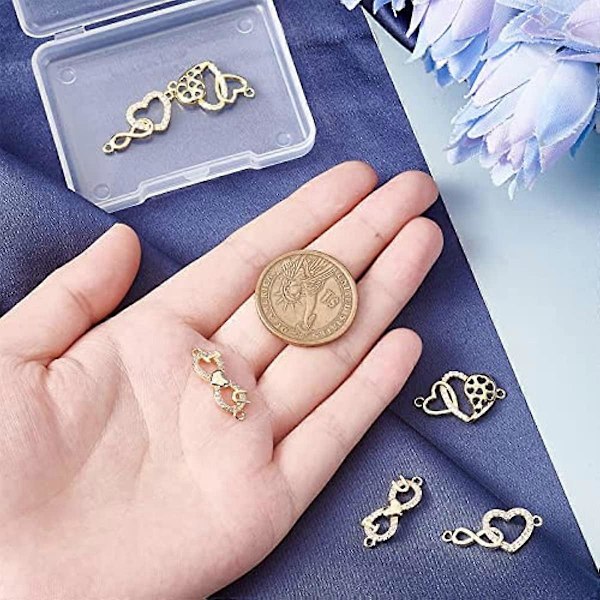 6 stk. Zirconia Hjerte Vedhæng Charms Infinity Cubic Zirconia Charm Link med Klar Krystal Sten Hjerte Messing Charm Guldbelagte Charms Links til Smykker