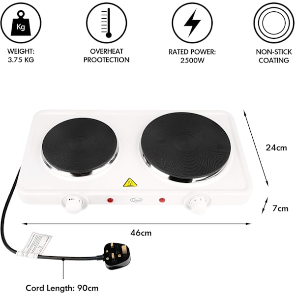 Elektrisk Dubbel Värmeplatta Kontroll 1000W & 1500W Plattor / 5 Temperaturinställningar/Bärbar, Perfekt för Matlagning Under Resor, 2500 W