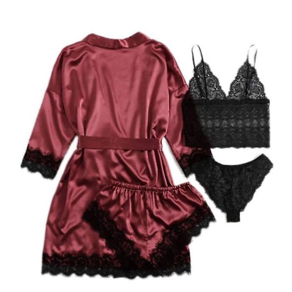 Dame 4-delt Pyjamas Satin Pyjamas Sett Med Morgenkåpe Red 2XL