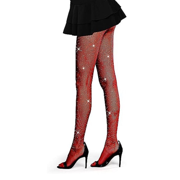 Sexiga strumpbyxor med hög midja Sparkle Rhinestone Fishnets Party Rhinestone Mesh Strumpor RED