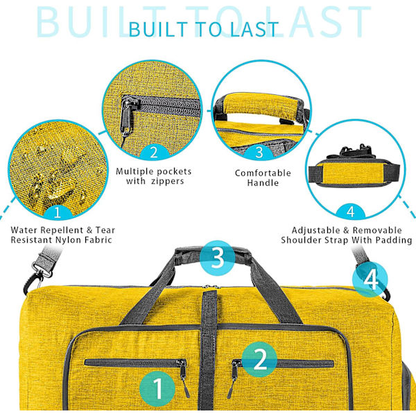 Reise-Dufflebag for menn, 65l sammenleggbar reise-duffelbag med sko-rom nattpose for menn kvinner vanntett og rivebestandig Yellow
