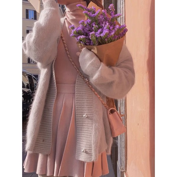 Enfärgad V-ringad kofta, elegant långärmad kofta för höst och vinter, damkläder Pink 2XL