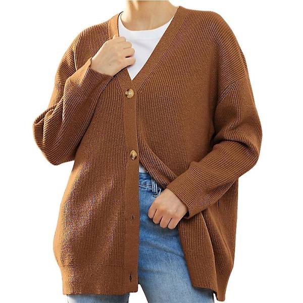 Koftor för kvinnor, stickad tröja, V-ringning, lös stickad ytterkläder Brown XL